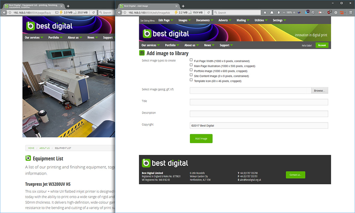 Best Digital - Screenshot showing one of the CMS management pages for the image library. Images can be scaled, cropped and watermarked at this point, and are saved in a searchable SQL database for retrieval at the optimum size depending on browser type.