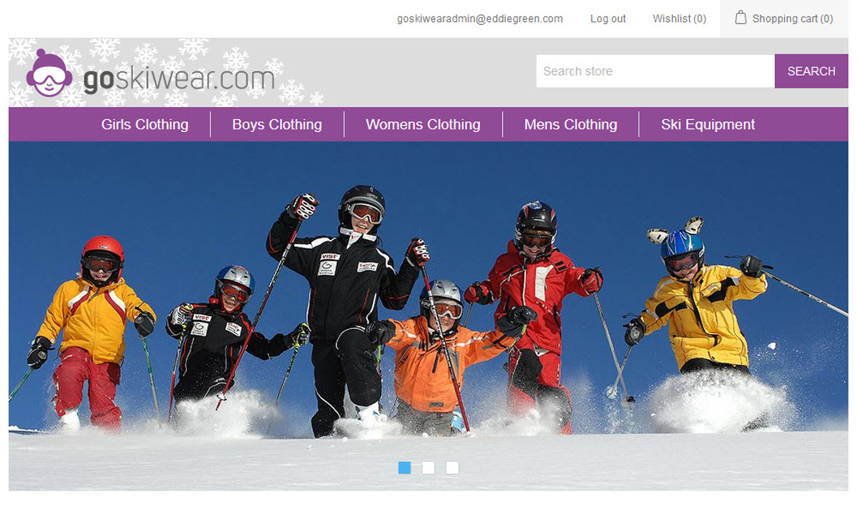 Go Skiwear - Screenshot of the masthead and home page hero panel, showing the branding, and the overall look and feel created for the brand