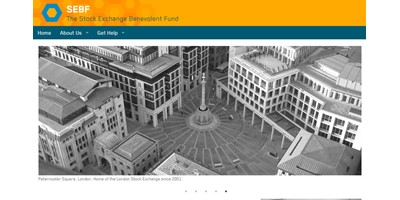 Stock Exchange Benevolent Fund - The home page with masthead branding and theme, reflecting the shape of trading desks on the floor of the stock exchange up to the early '90's