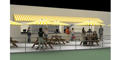 London 2012 Olympic Press Centre - Render of outside seating area and serving counter