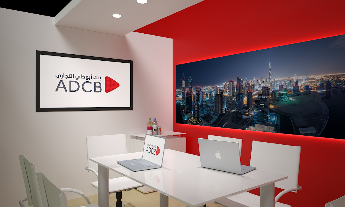 ADCB Exhibition Stand - Interior of one of the meeting rooms showing wall graphic